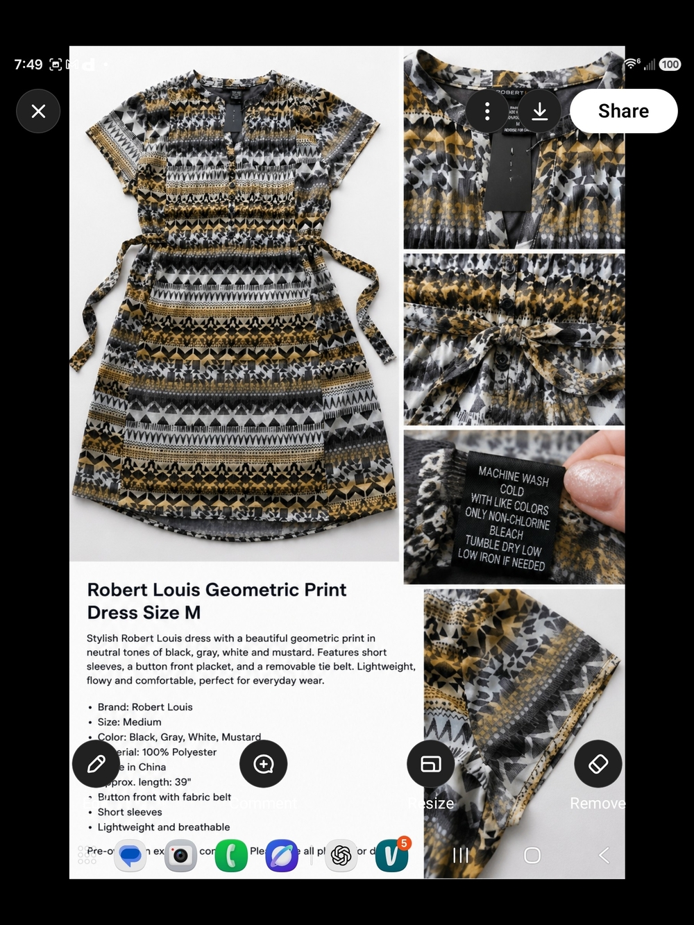 Robert Louis Geometric Print Dress in Black, Gray & Mustard Size M
